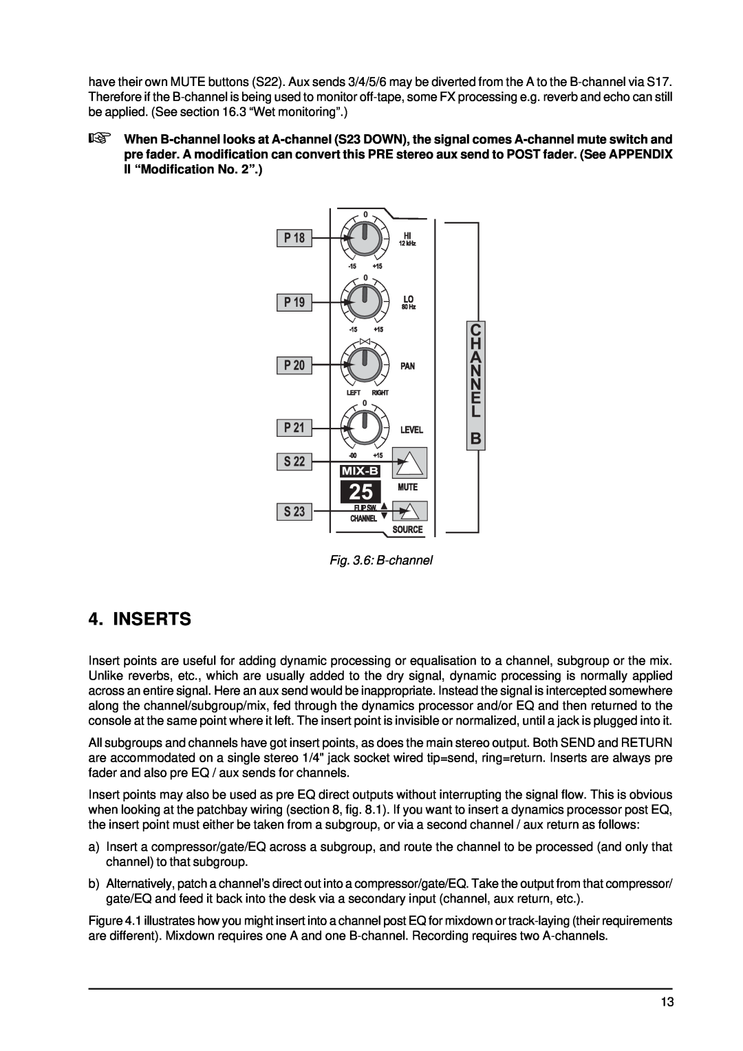 Behringer MX9000 user manual Inserts, 6 B-channel 