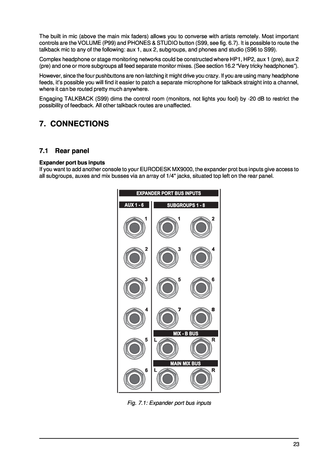 Behringer MX9000 user manual Connections, Rear panel, 1 Expander port bus inputs 