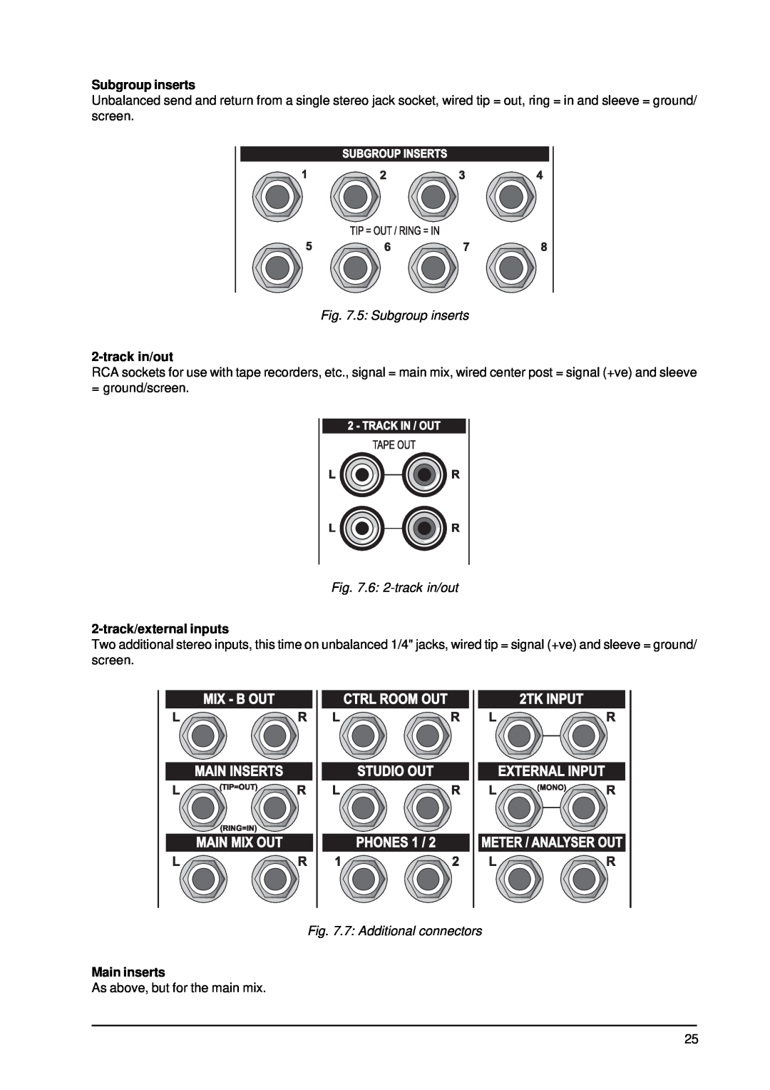 Behringer MX9000 user manual 5 Subgroup inserts, 6 2-track in/out, track/external inputs, 7 Additional connectors 