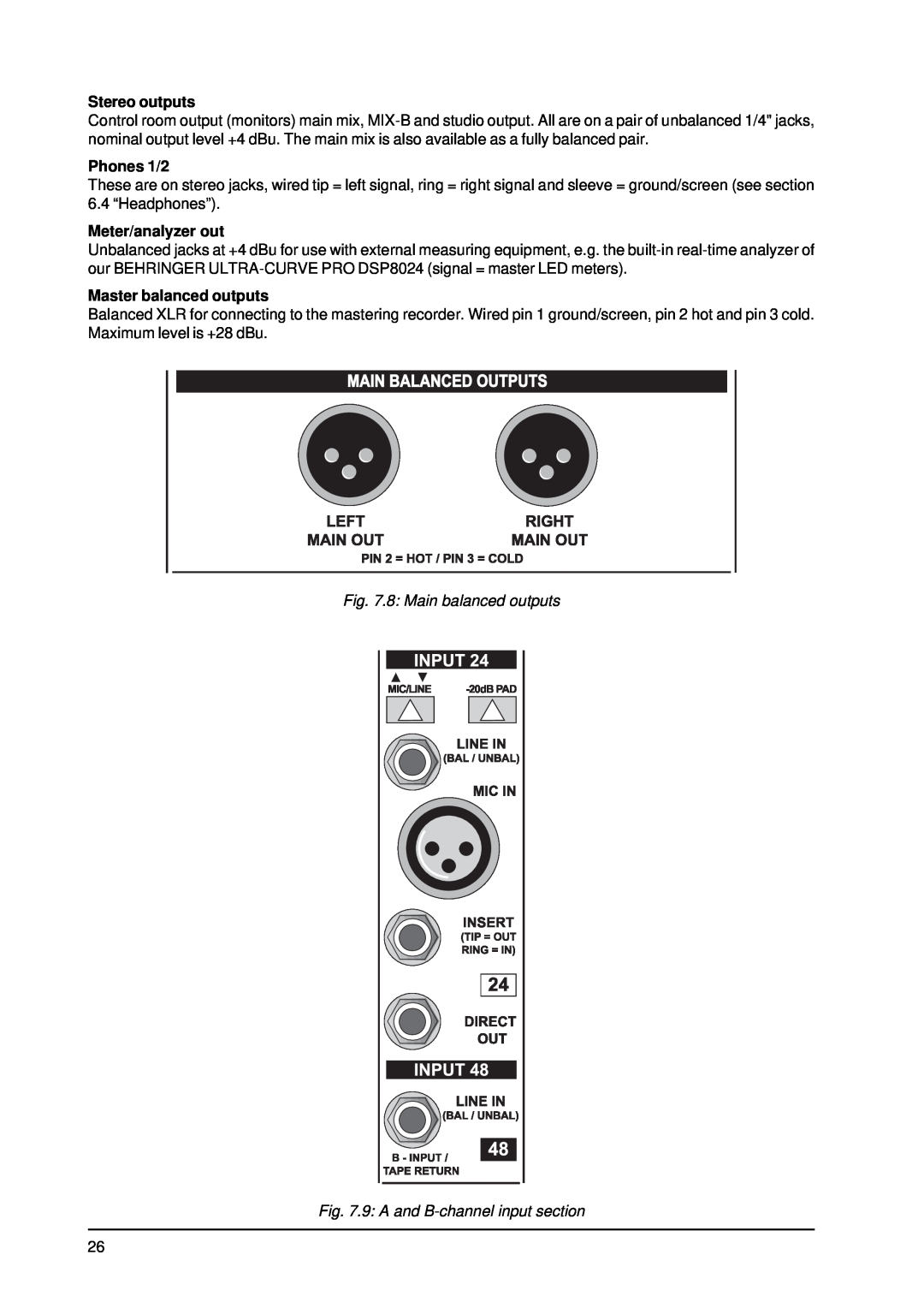 Behringer MX9000 user manual Stereo outputs, Phones 1/2, Meter/analyzer out, Master balanced outputs 