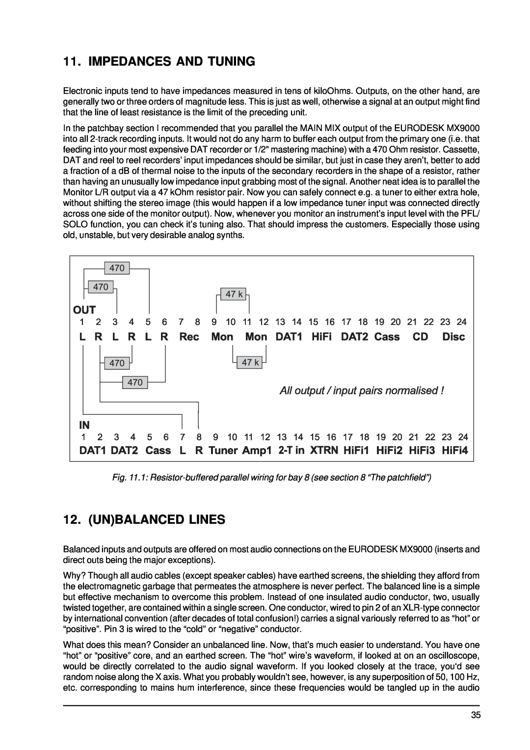 Behringer MX9000 user manual Impedances And Tuning, Unbalanced Lines 