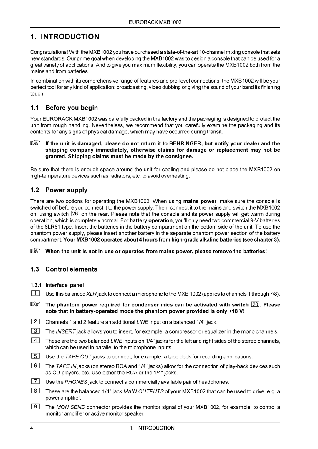 Behringer MXB1002 user manual Introduction 