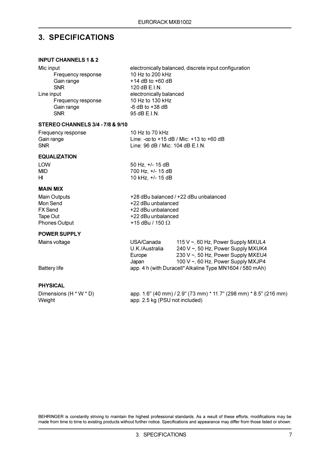 Behringer MXB1002 user manual Specifications 