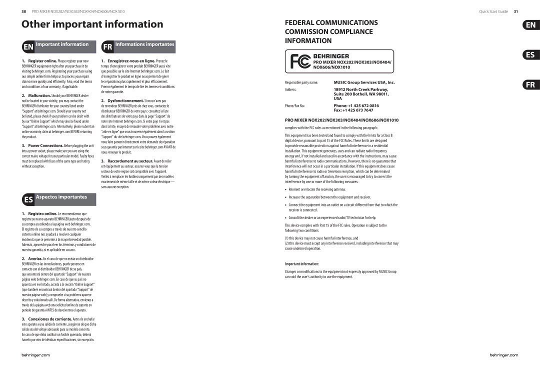 Behringer NOX303 manual Other important information, Important information, Informations importantes, Aspectos importantes 