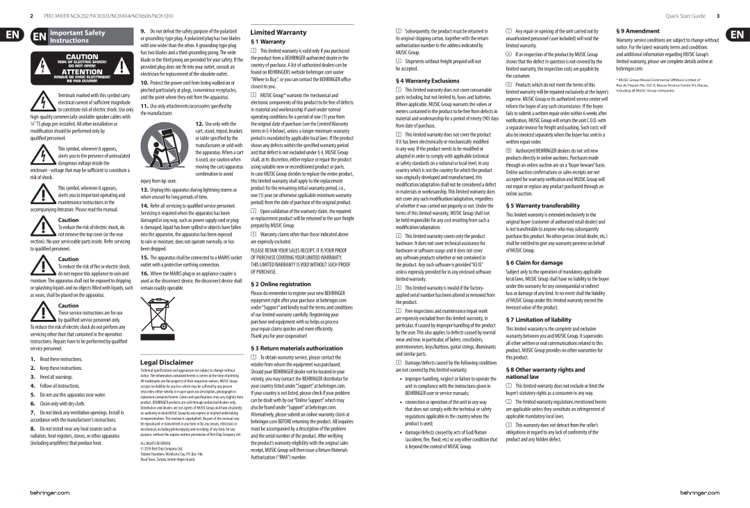 Behringer NOX1010, NOX404, NOX303, NOX202, NOX606 manual Important Safety Instructions 