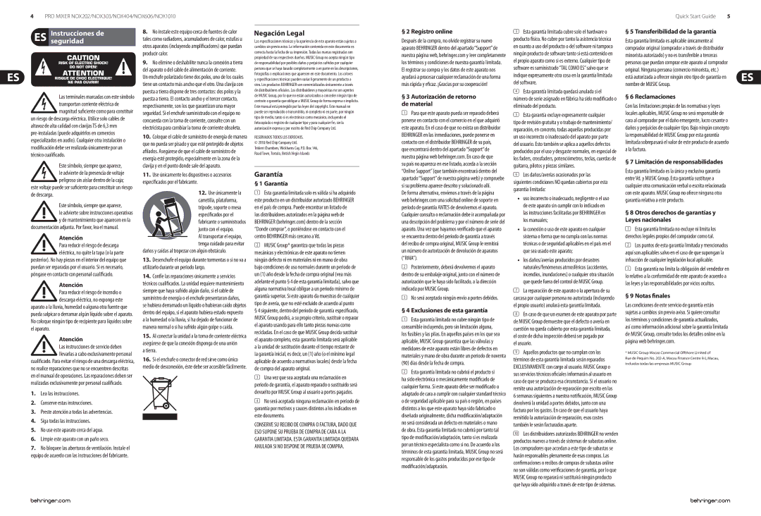 Behringer NOX202, NOX404, NOX303, NOX1010, NOX606 manual Instrucciones de seguridad 