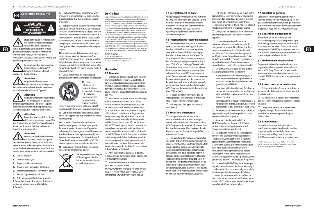 Behringer NOX606, NOX404, NOX303, NOX1010, NOX202 manual Consignes de sécurité 