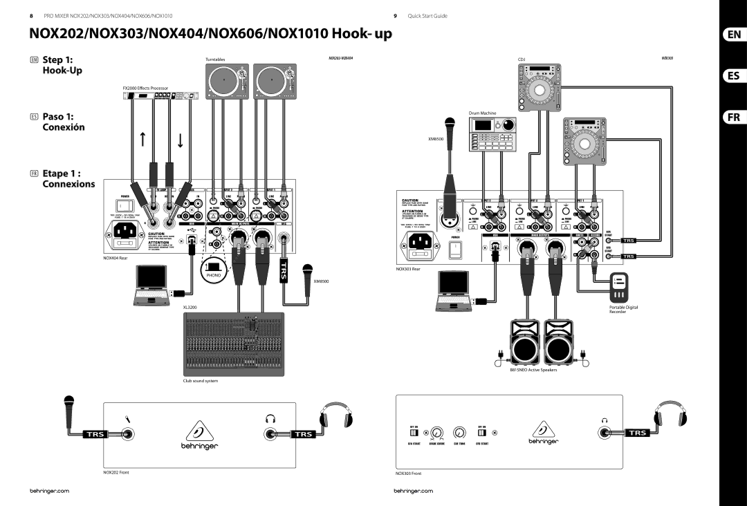 Behringer manual NOX202/NOX303/NOX404/NOX606/NOX1010 Hook- up, EN Step, Hook-Up, ES Paso Conexión, FR Etape Connexions 