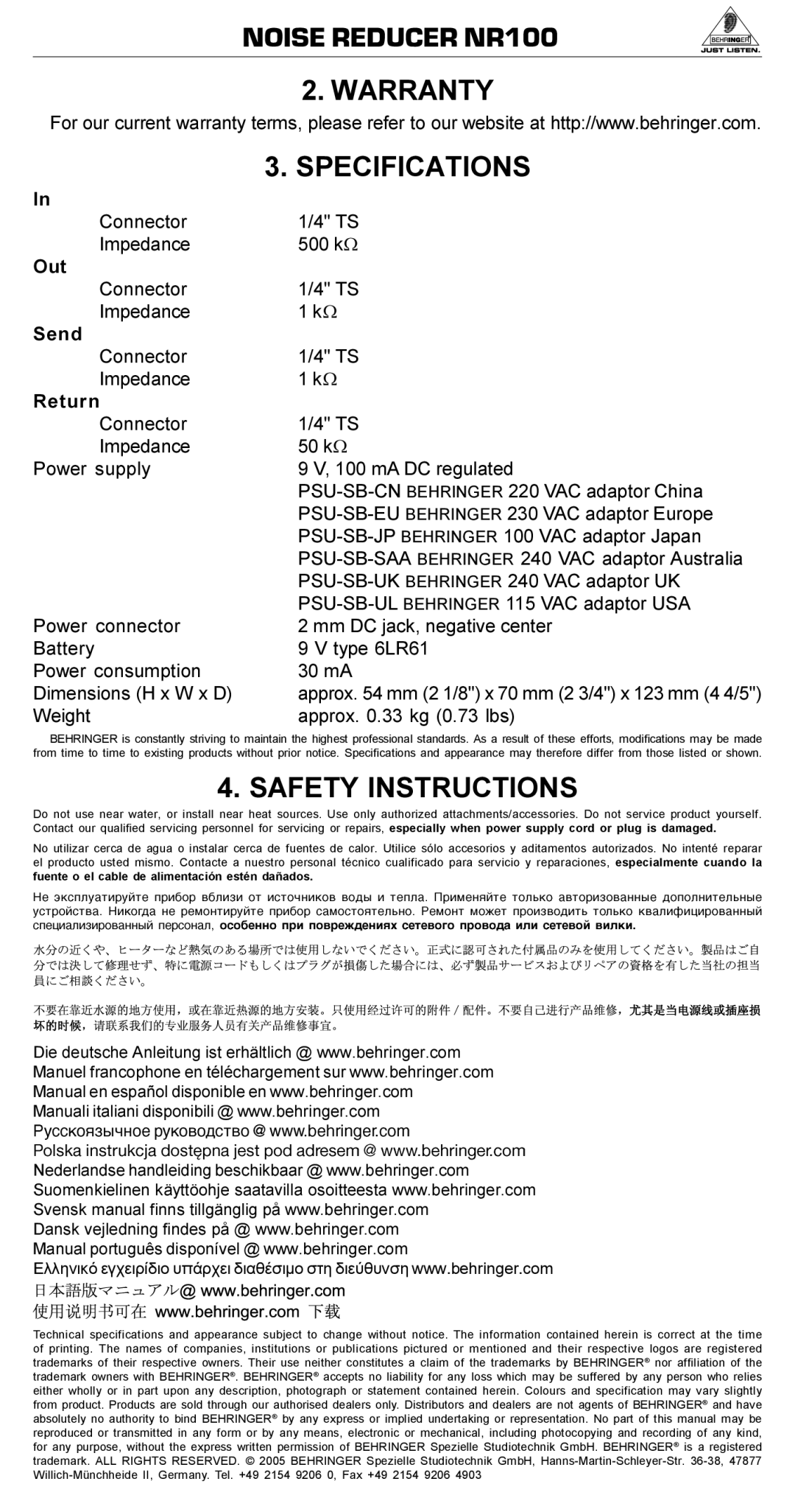 Behringer NR100 manual Warranty Specifications, Safety Instructions, Weight Approx .33 kg 0.73 lbs 