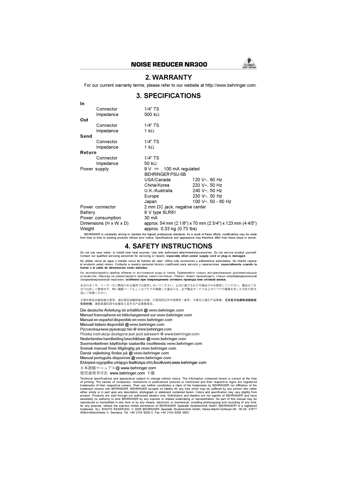 Behringer NR300 manual Warranty Specifications, Safety Instructions, Behringer PSU-SB, Weight Approx .33 kg 0.73 lbs 