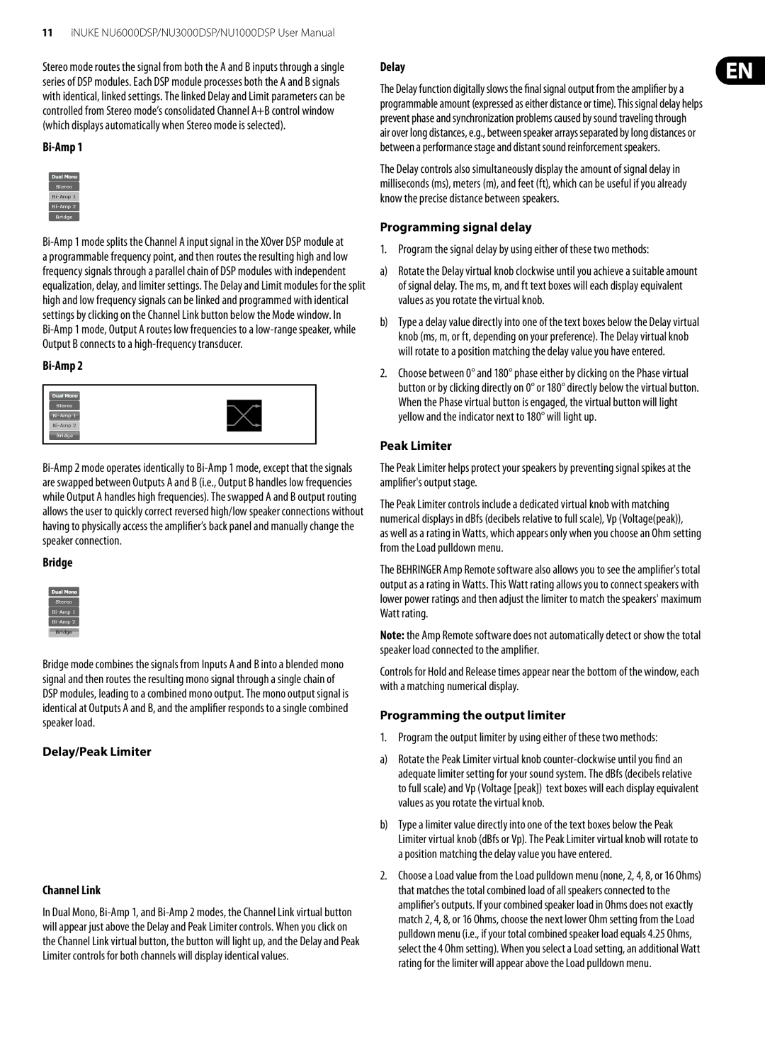 Behringer NU1000DSP, NU6000DSP, NU3000DSP user manual Bi-Amp, Bridge, Delay/Peak Limiter Channel Link 