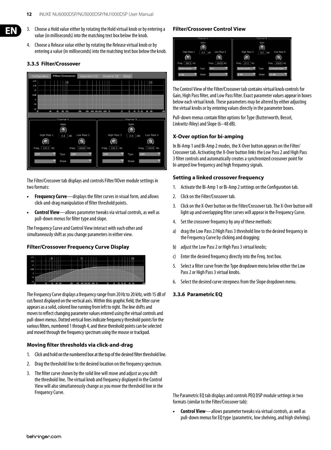 Behringer NU6000DSP, NU3000DSP Filter/Crossover Frequency Curve Display, Moving filter thresholds via click-and-drag 