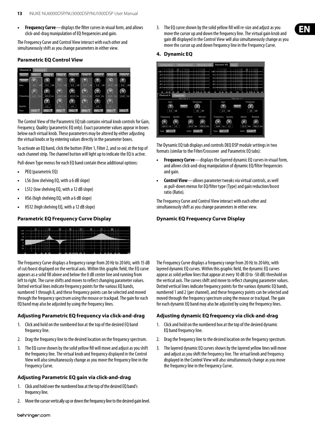 Behringer NU3000DSP, NU6000DSP, NU1000DSP Parametric EQ Control View, Parametric EQ Frequency Curve Display, Dynamic EQ 