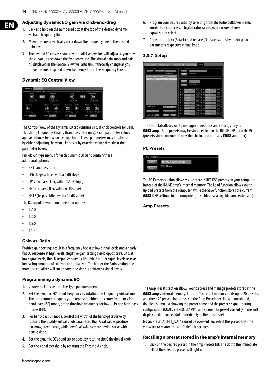 Behringer NU1000DSP Adjusting dynamic EQ gain via click-and-drag, Dynamic EQ Control View, Gain vs. Ratio, Setup 