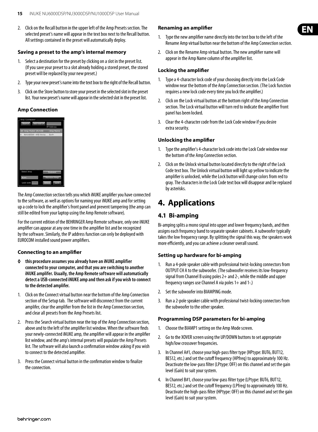 Behringer NU6000DSP, NU3000DSP, NU1000DSP user manual Applications, Bi-amping 