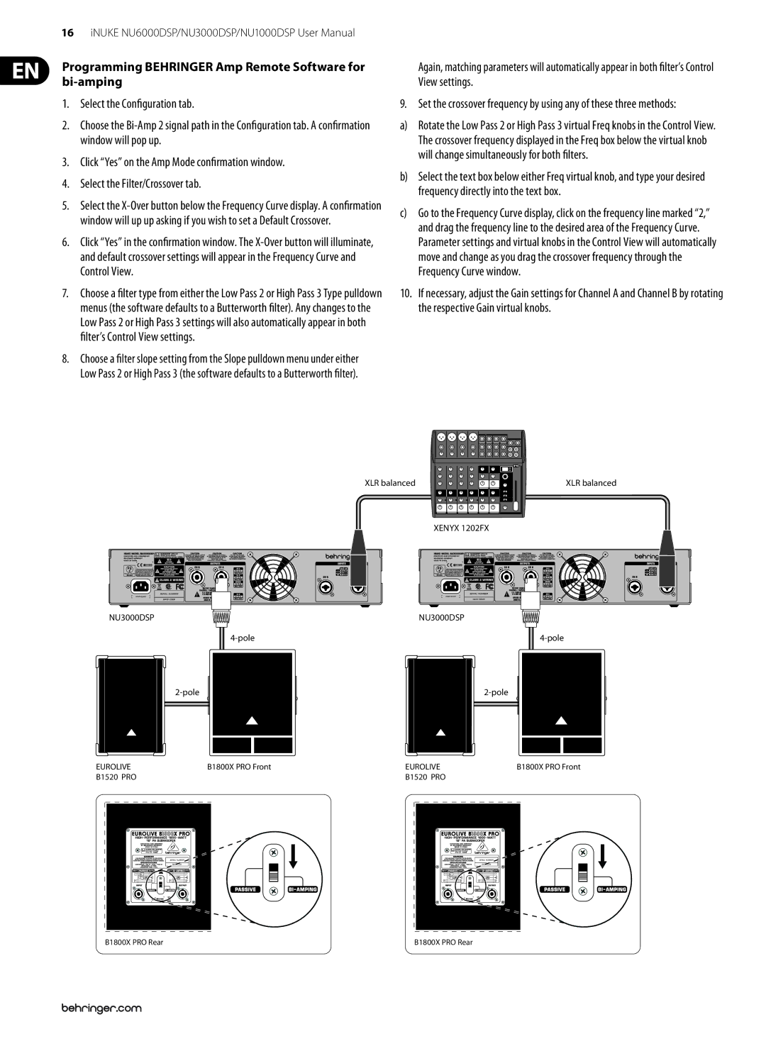 Behringer NU3000DSP, NU6000DSP, NU1000DSP user manual Programming Behringer Amp Remote Software for bi-amping 