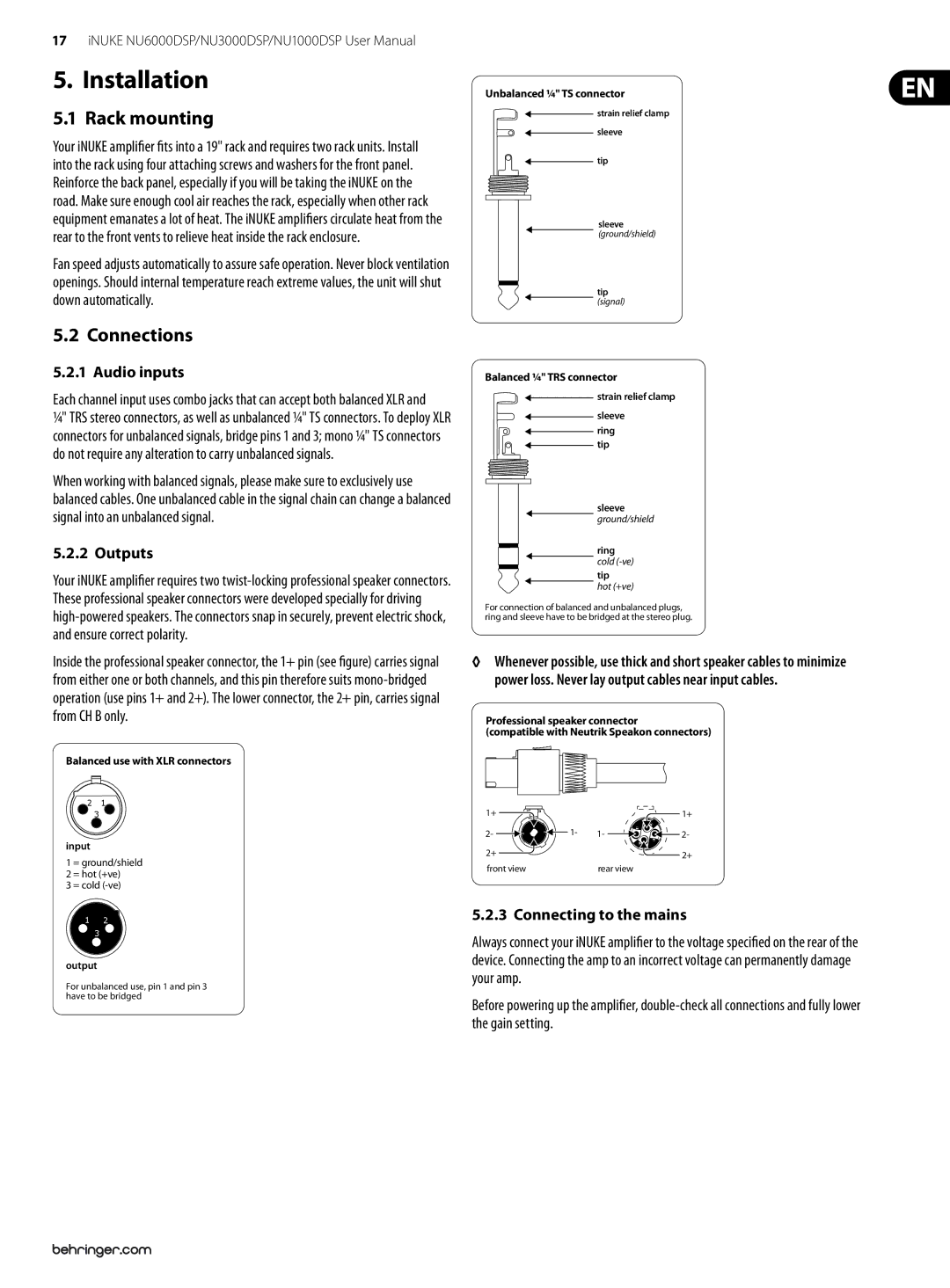 Behringer NU1000DSP, NU6000DSP, NU3000DSP user manual Installation, Rack mounting, Connections 