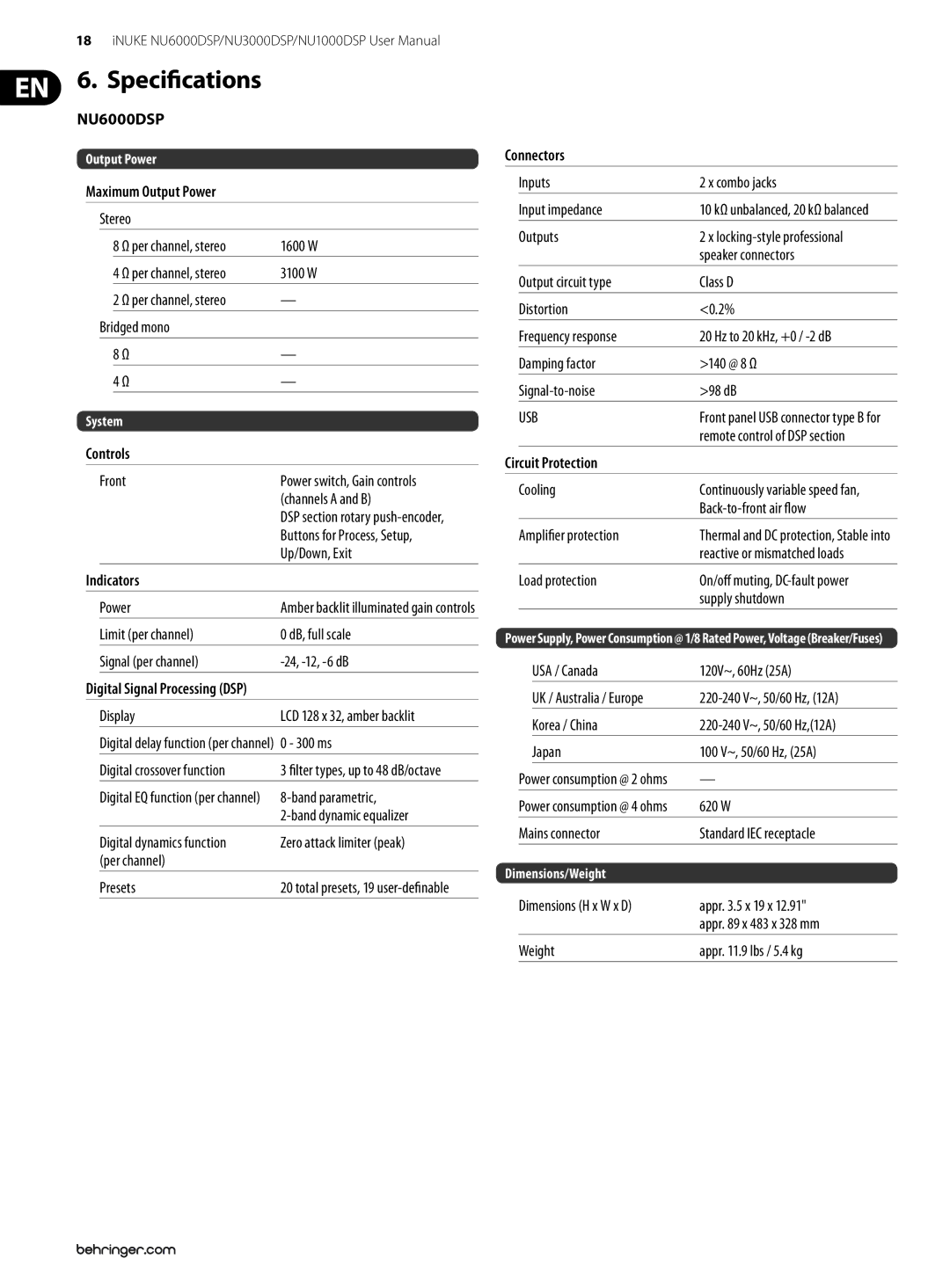 Behringer NU6000DSP, NU3000DSP, NU1000DSP user manual Specifications 