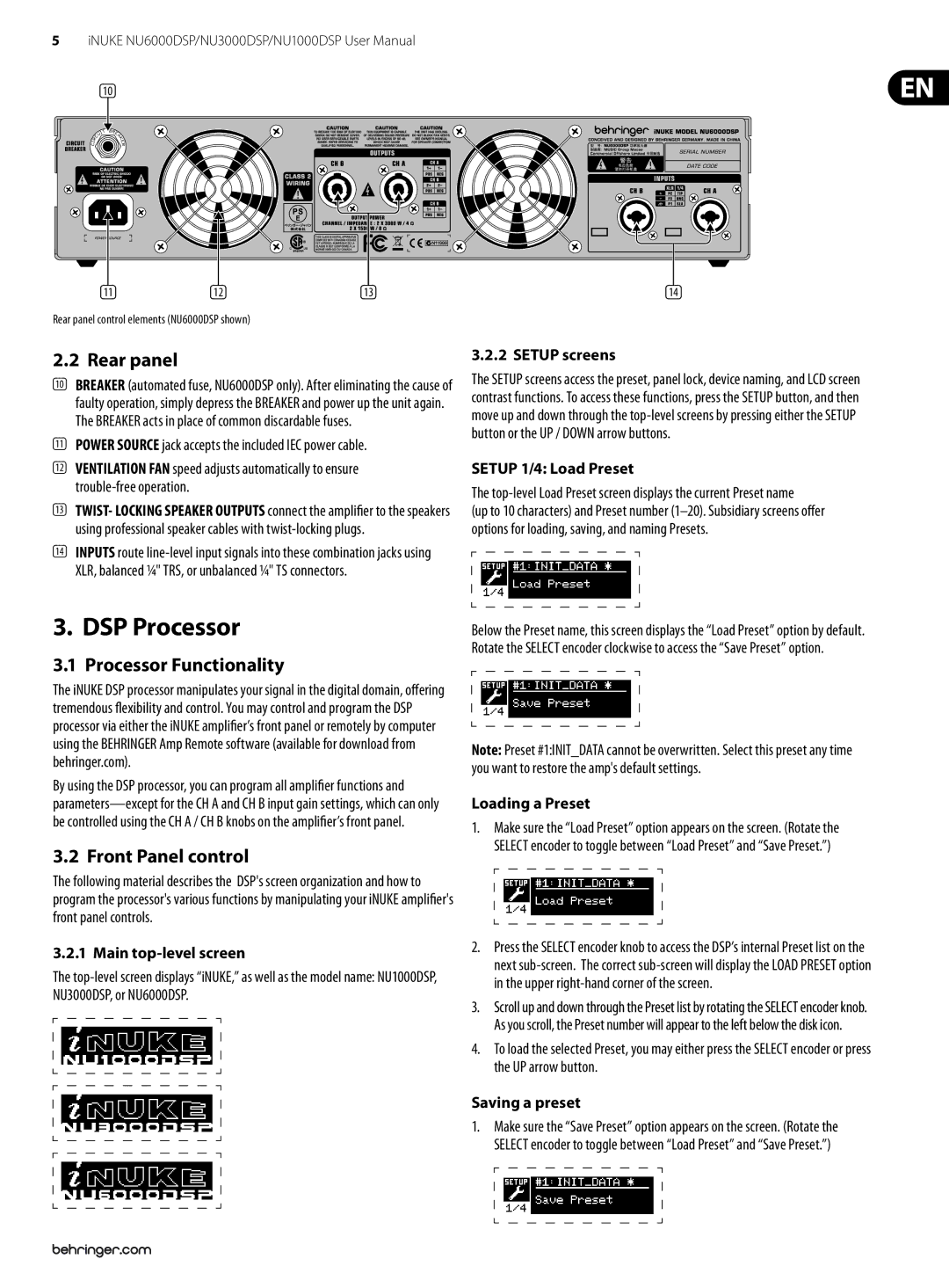 Behringer NU1000DSP, NU6000DSP, NU3000DSP user manual DSP Processor, Rear panel, Processor Functionality, Front Panel control 