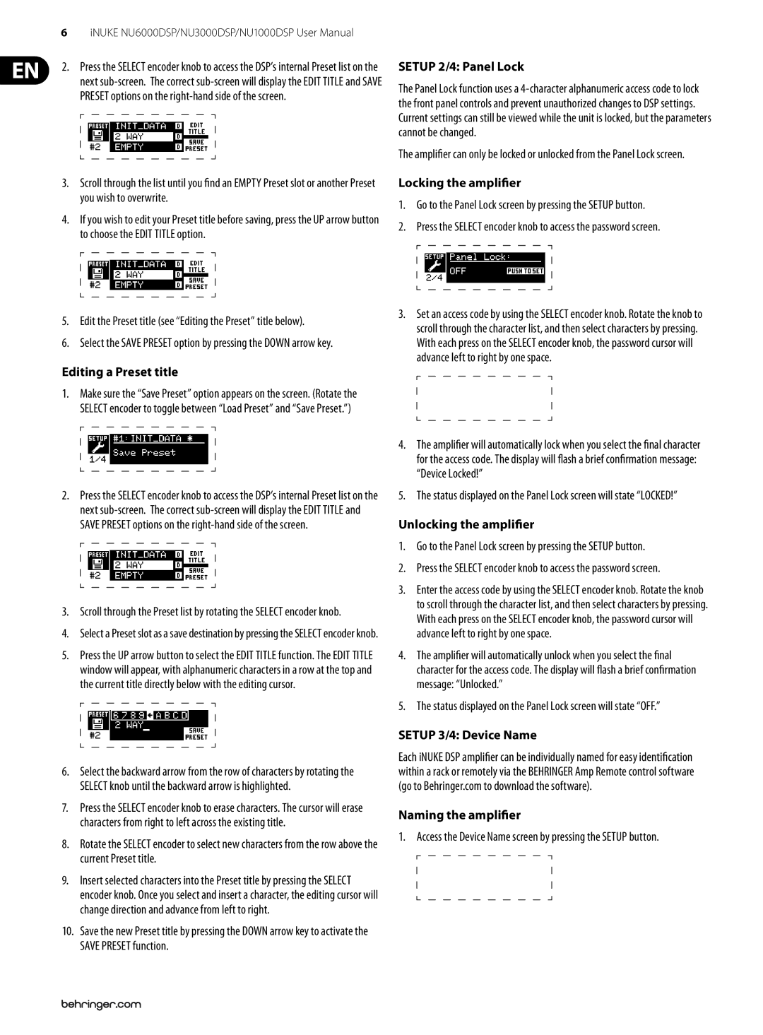 Behringer NU6000DSP Editing a Preset title, Setup 2/4 Panel Lock, Locking the amplifier, Unlocking the amplifier 