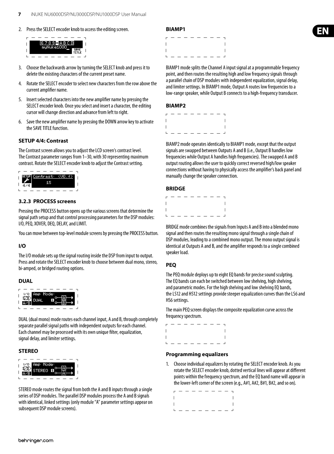 Behringer NU3000DSP, NU6000DSP, NU1000DSP user manual Dual, Stereo, BIAMP1, BIAMP2, Bridge, Peq 