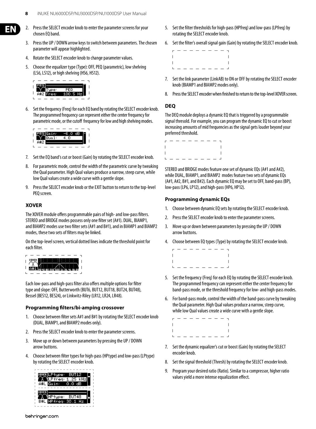 Behringer NU1000DSP, NU6000DSP, NU3000DSP Xover, Programming filters/bi-amping crossover, Deq, Programming dynamic EQs 