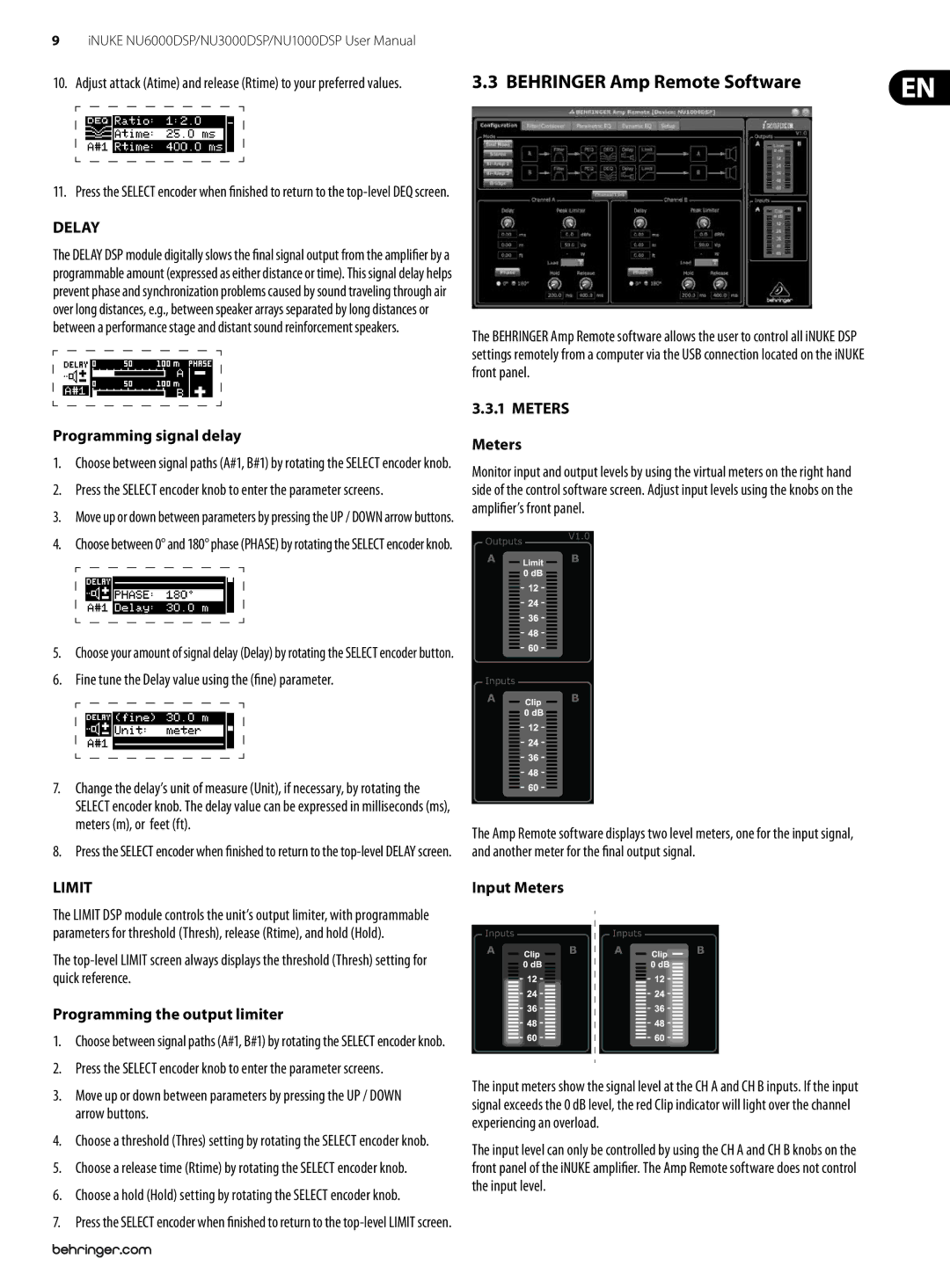 Behringer NU6000DSP, NU3000DSP, NU1000DSP user manual Behringer Amp Remote Software, Delay, Limit 