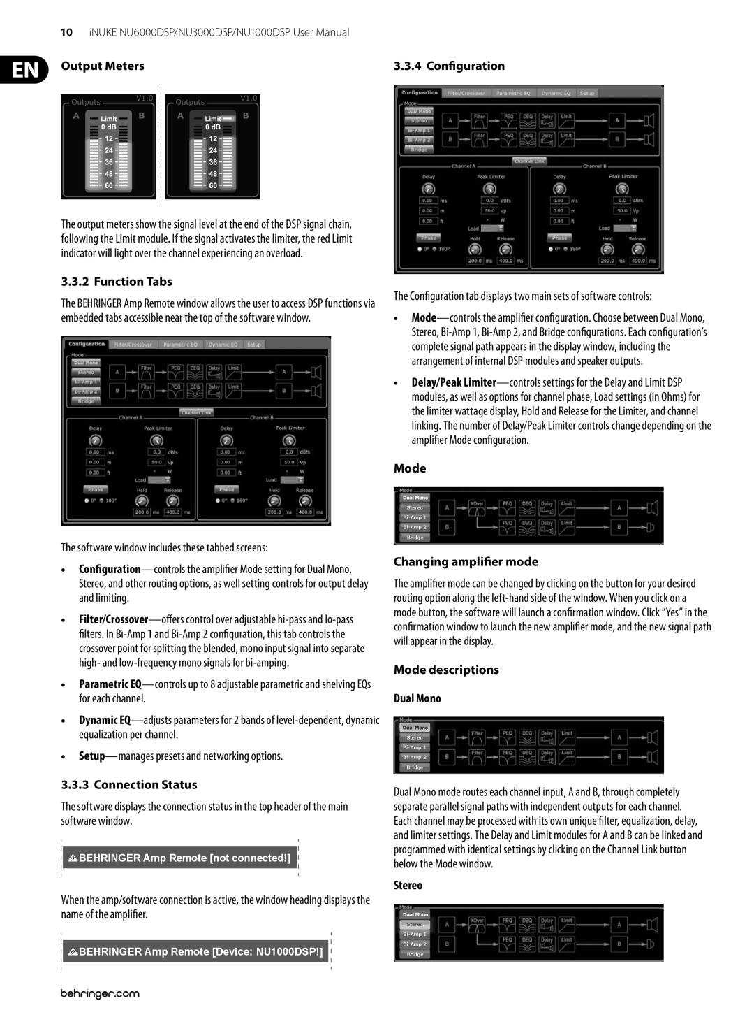 Behringer NU3000DSP Output Meters, Function Tabs, Connection Status, Configuration, Mode, Changing amplifier mode, Stereo 
