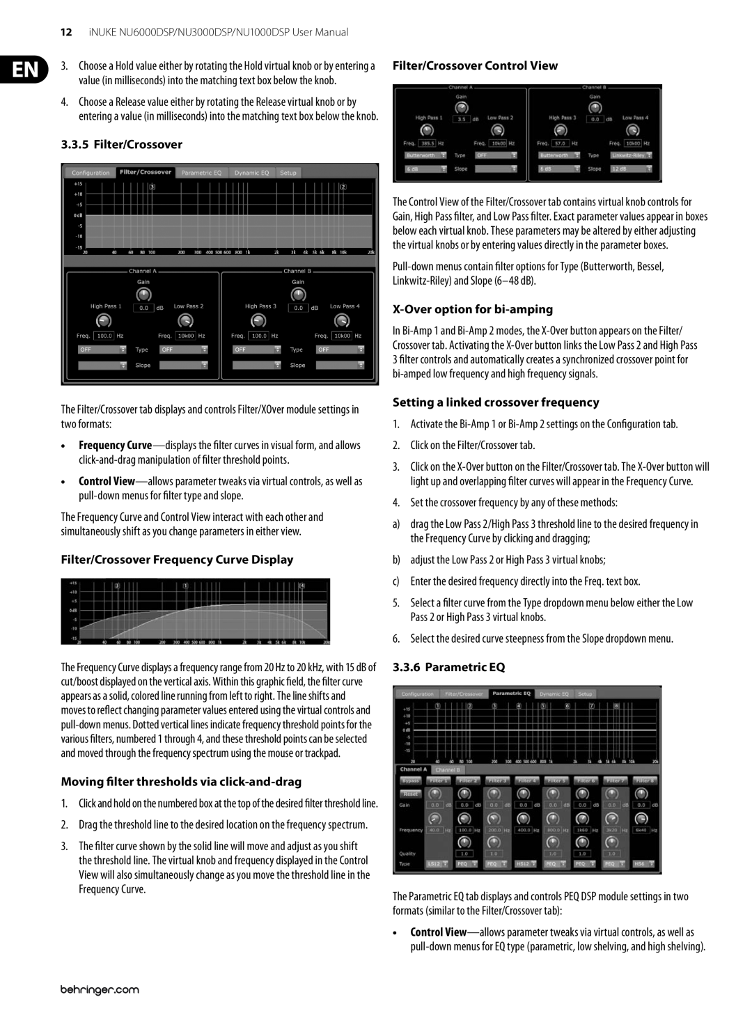 Behringer NU6000DSP, NU3000DSP Filter/Crossover Frequency Curve Display, Moving filter thresholds via click-and-drag 