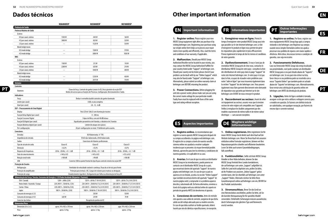 Behringer NU6000DSP/NU3000DSP/NU1000DSP manual Dados técnicos, Other important information, Aspectos importantes 