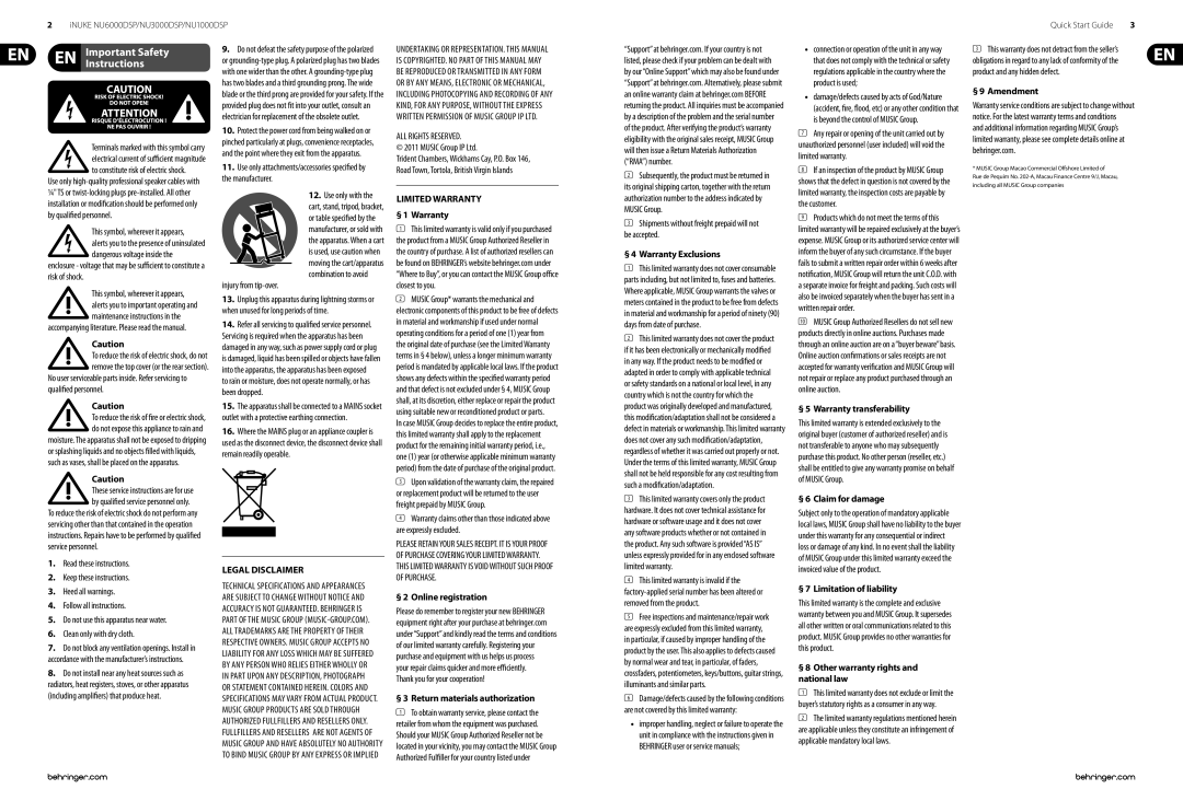 Behringer NU6000DSP/NU3000DSP/NU1000DSP manual Important Safety Instructions 