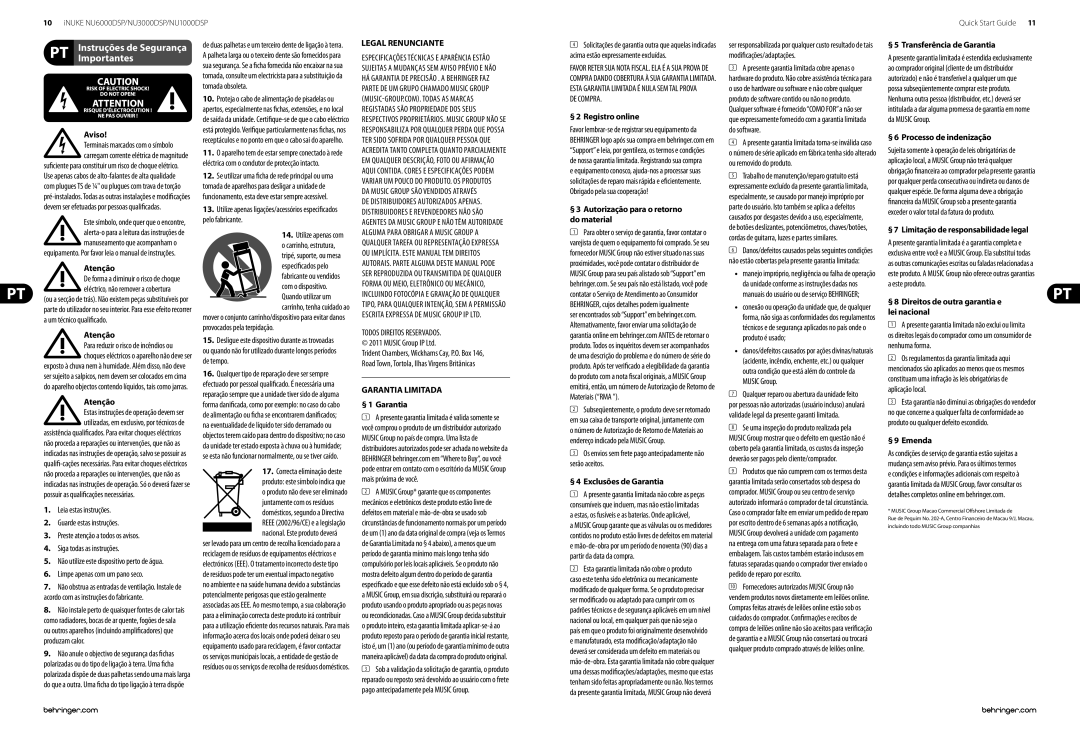 Behringer NU6000DSP/NU3000DSP/NU1000DSP manual Instruções de Segurança Importantes 