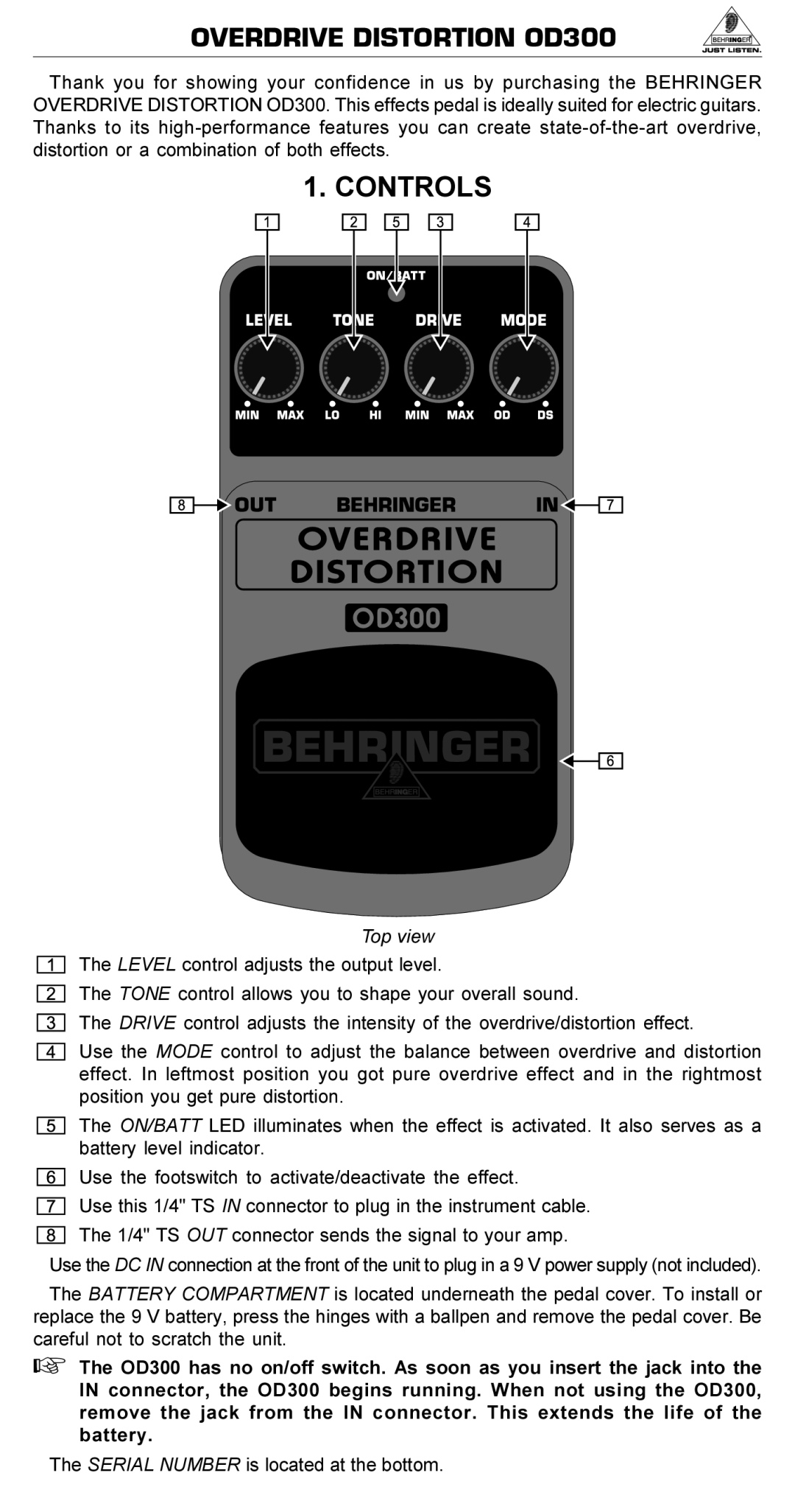 Behringer manual Overdrive Distortion OD300, Controls, Top view 