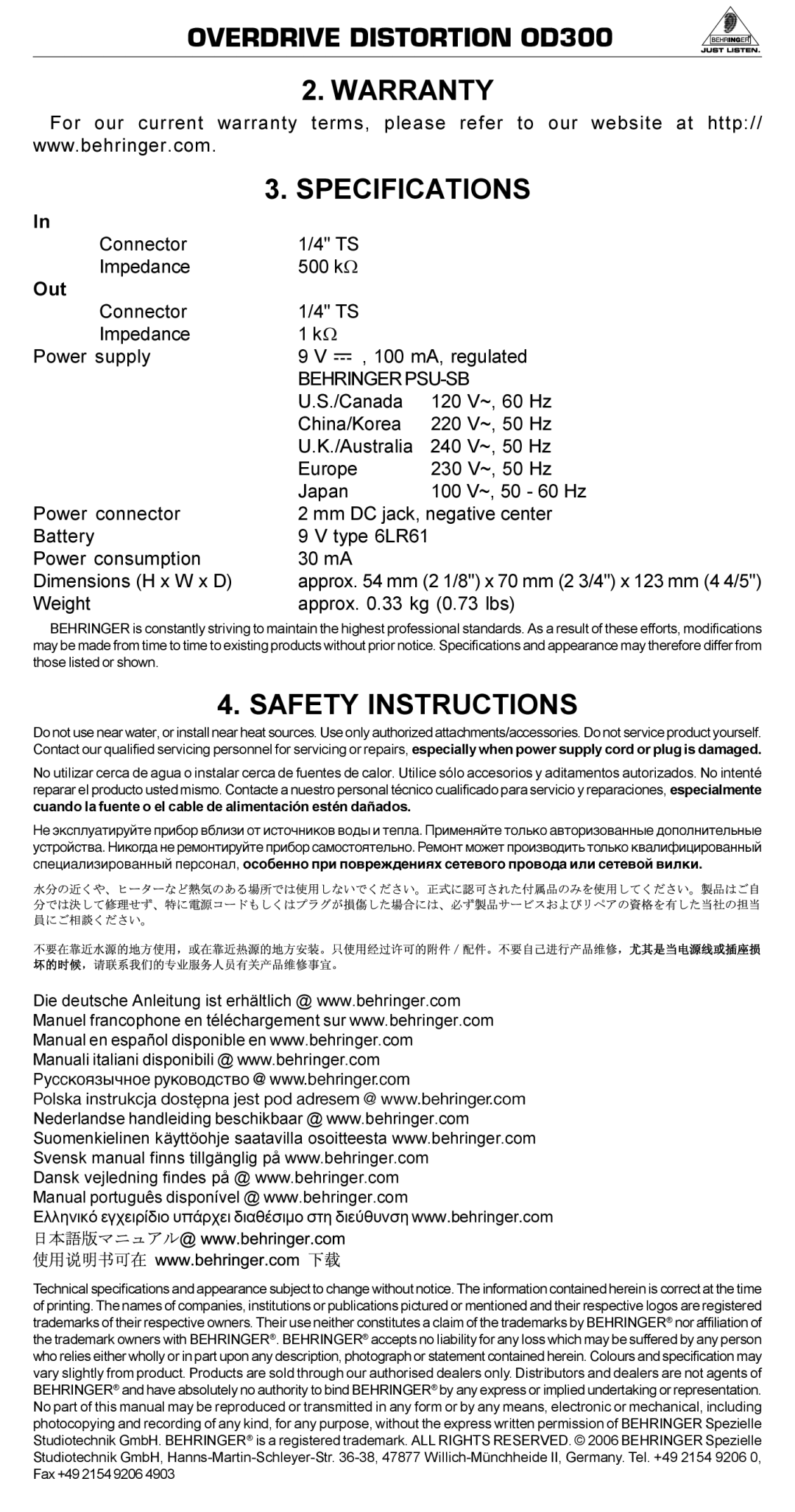 Behringer OD300 manual Warranty Specifications, Safety Instructions, Behringer PSU-SB, Weight Approx .33 kg 0.73 lbs 