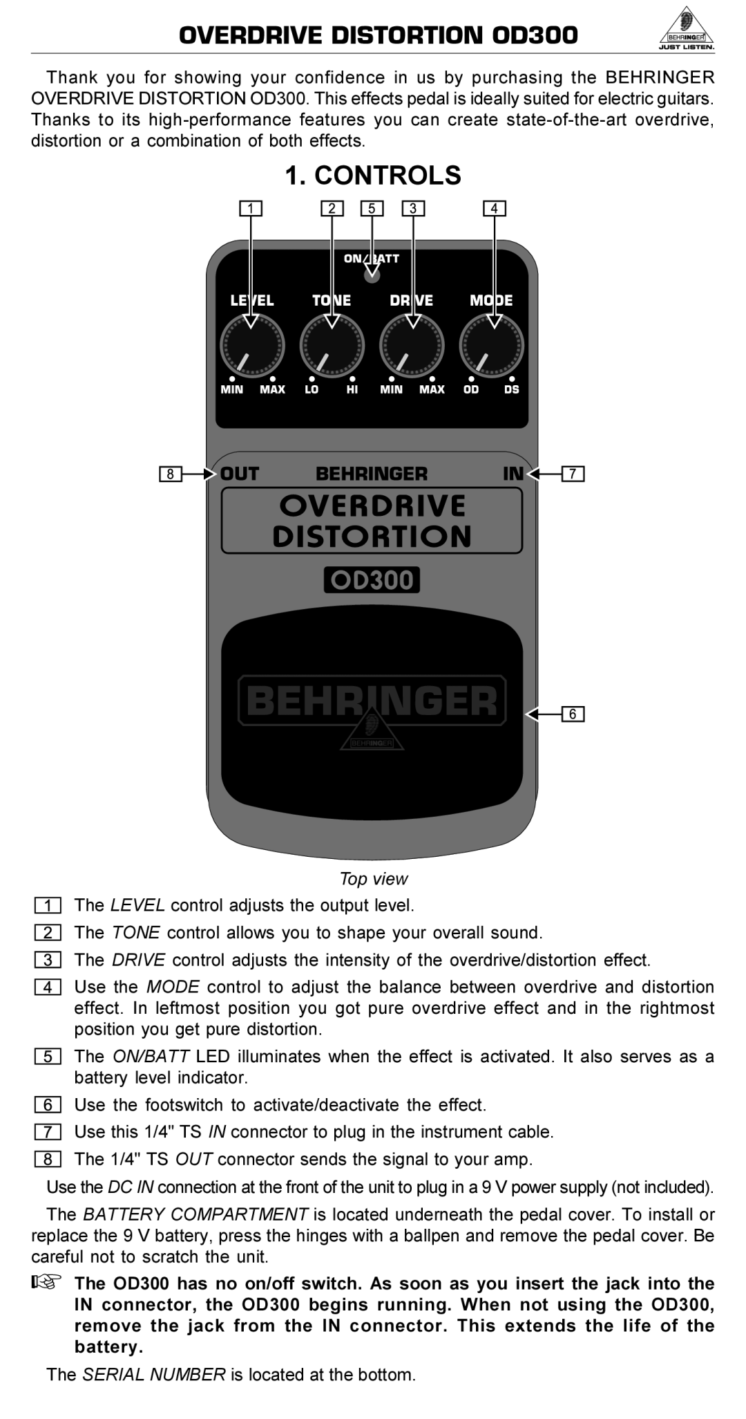 Behringer manual OVERDRIVE DISTORTION OD300, Controls, Top view 