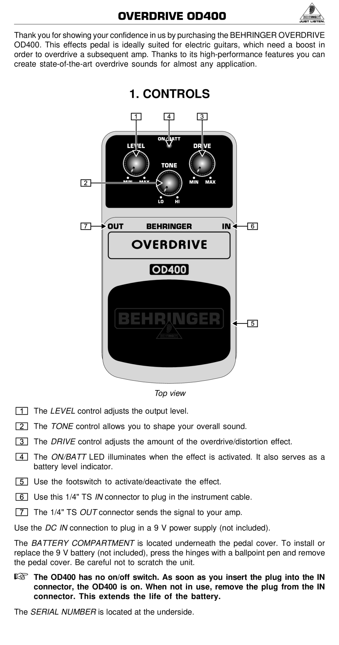 Behringer manual Overdrive OD400, Controls, Top view, Serial Number is located at the underside 