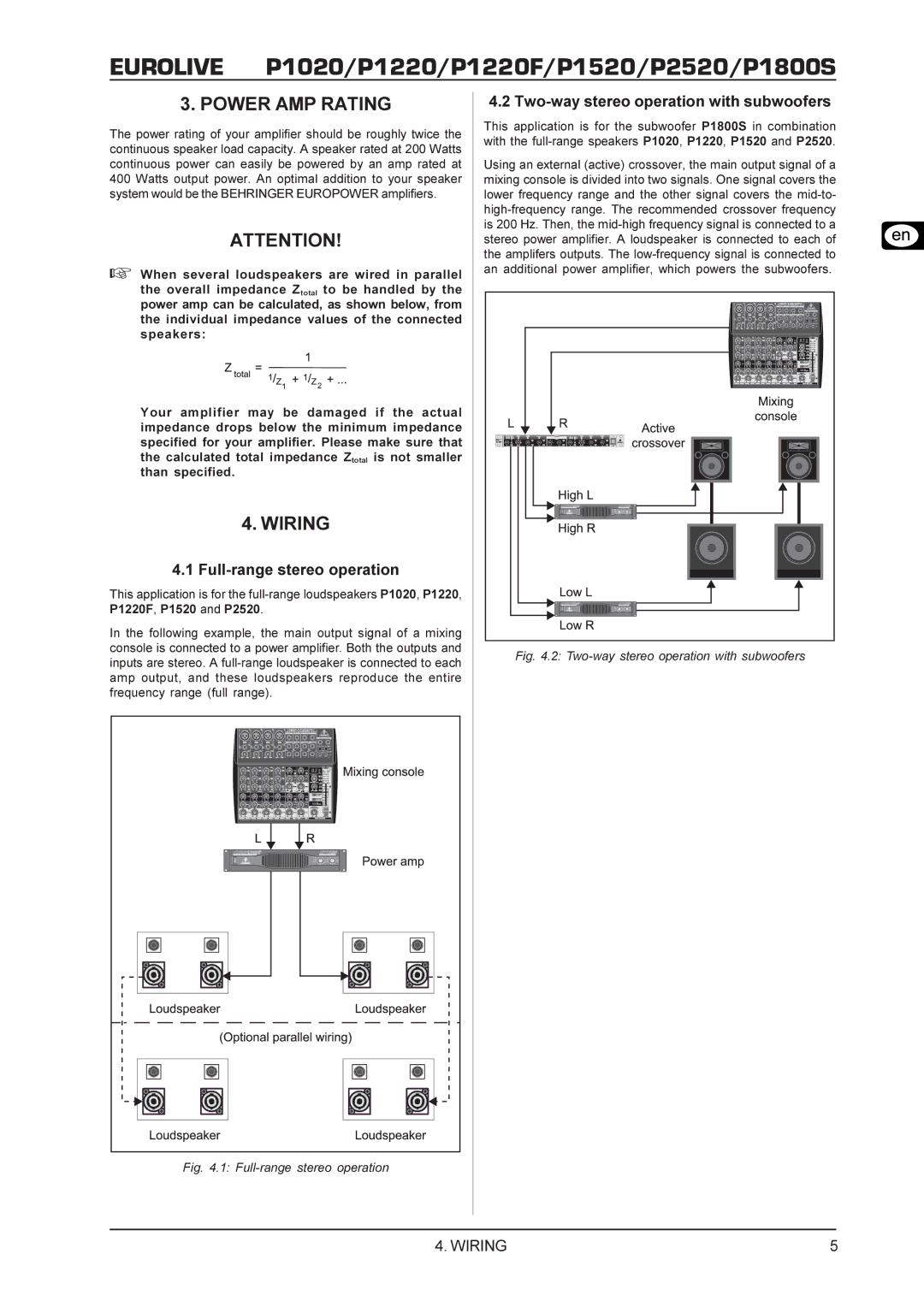 Behringer P2520, P1800S Power AMP Rating, Wiring, Full-range stereo operation, Two-way stereo operation with subwoofers 