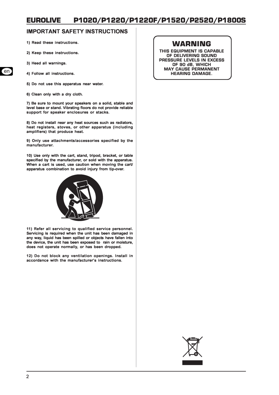 Behringer user manual EUROLIVE P1020/P1220/P1220F/P1520/P2520/P1800S, Important Safety Instructions 