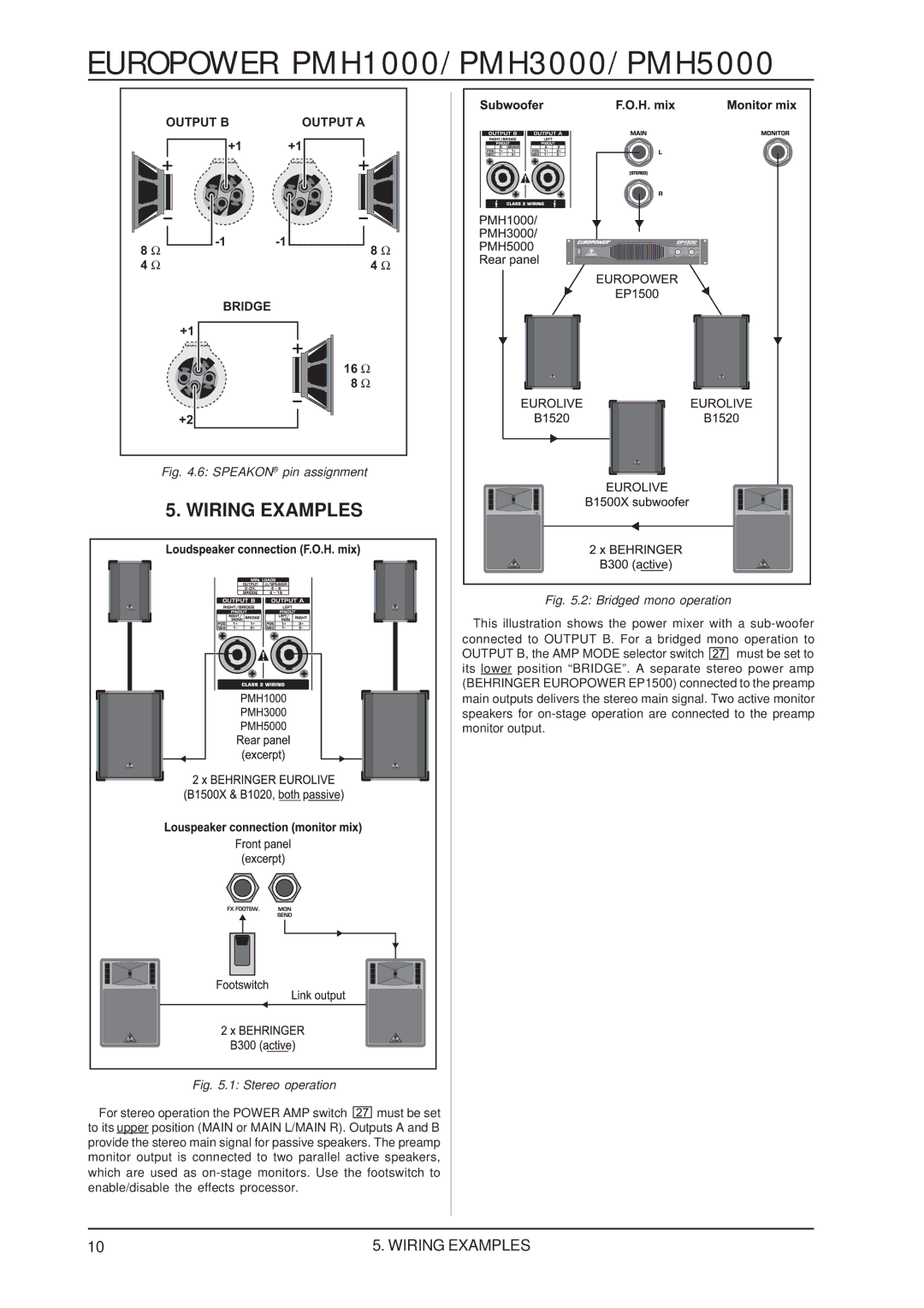 Behringer PMH5000, PMH1000, PMH3000 user manual Wiring Examples, Speakon pin assignment 