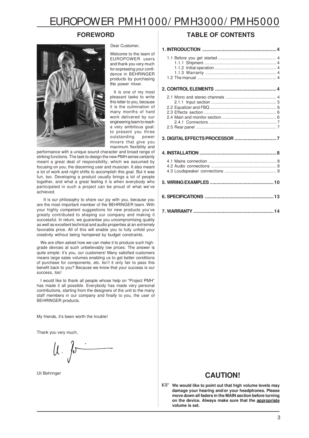 Behringer PMH1000, PMH5000, PMH3000 user manual Foreword, Table of Contents 