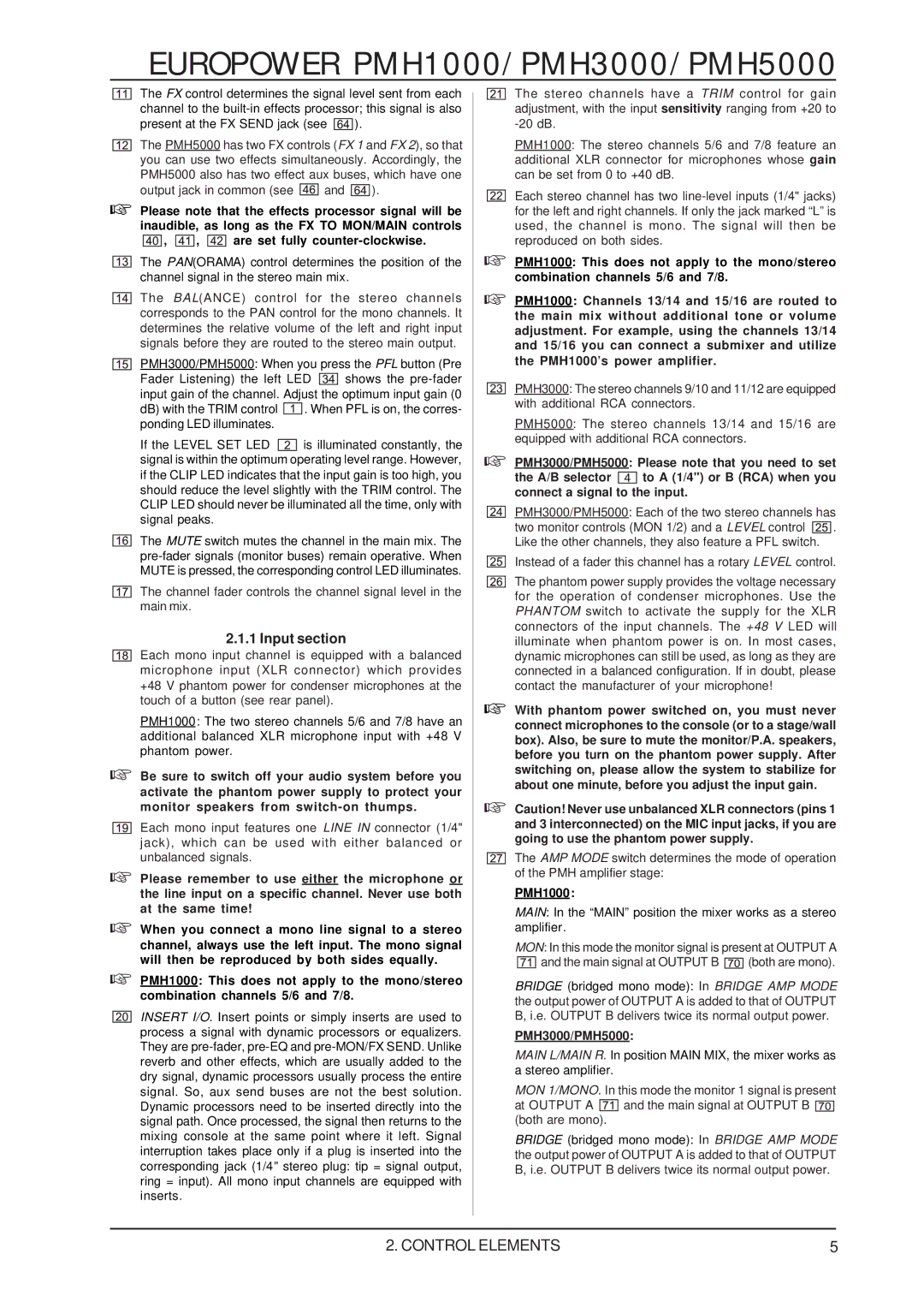 Behringer PMH3000, PMH1000, PMH5000 user manual Input section, Present at the FX Send jack see 