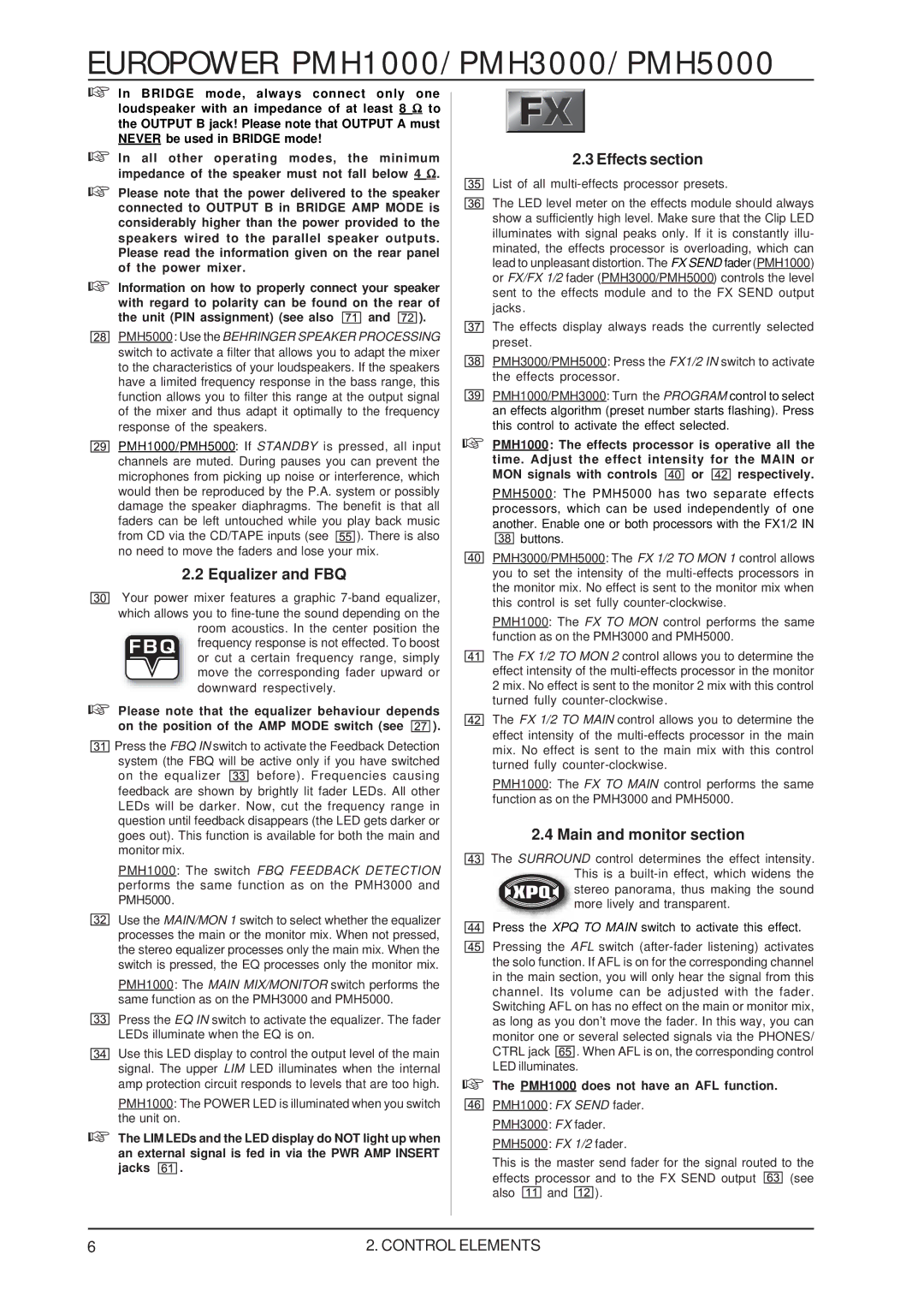 Behringer PMH1000, PMH5000, PMH3000 user manual Equalizer and FBQ, Effects section, Main and monitor section 