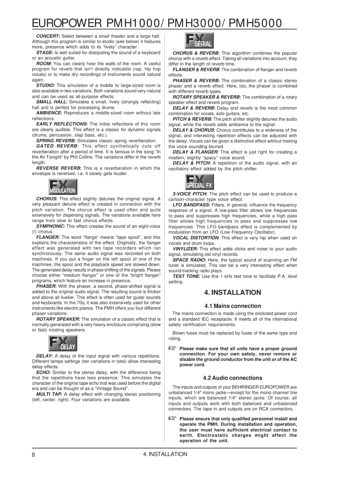 Behringer PMH3000, PMH1000, PMH5000 user manual Installation, Mains connection, Audio connections 