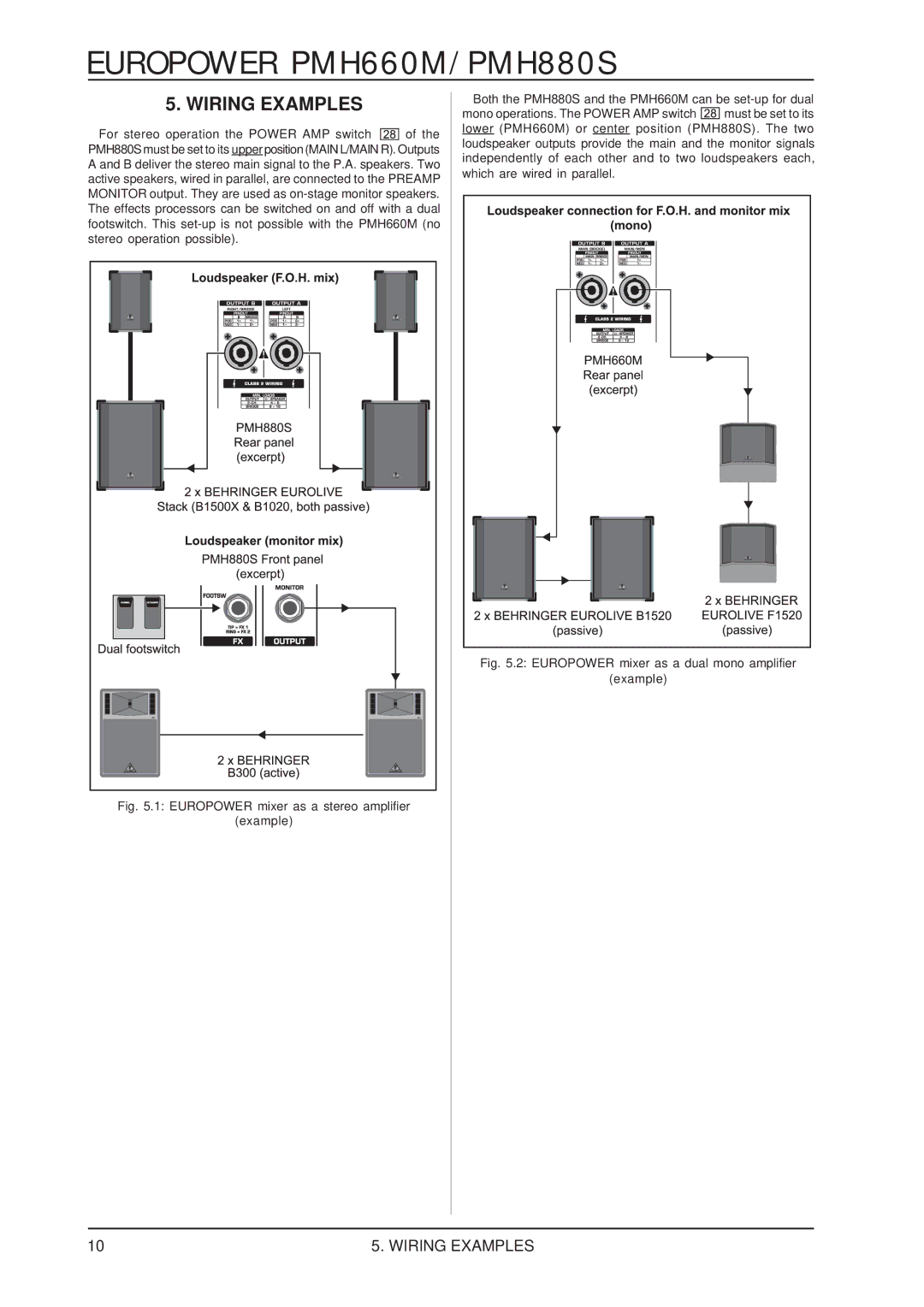 Behringer PMH660M/PMH880S user manual Wiring Examples, Europower mixer as a stereo amplifier Example 