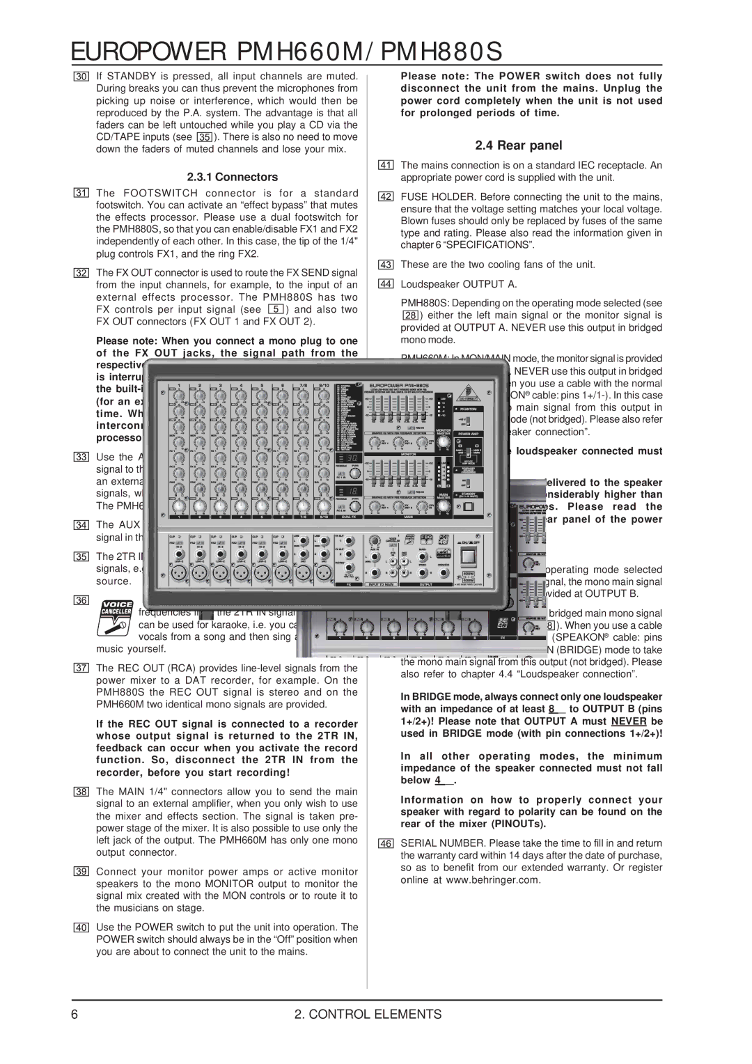 Behringer PMH660M/PMH880S user manual Rear panel, Connectors, Loudspeaker Output B 