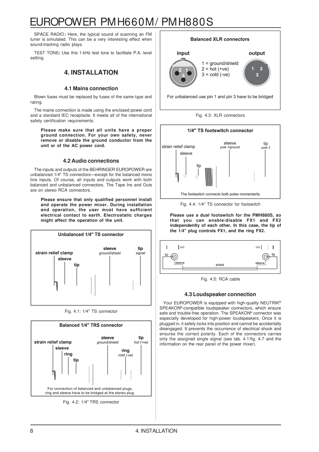 Behringer PMH660M/PMH880S user manual Installation, Mains connection, Audio connections, Loudspeaker connection 