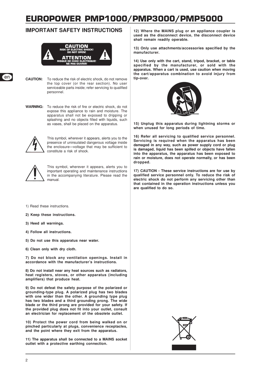 Behringer user manual Europower PMP1000/PMP3000/PMP5000, Important Safety Instructions 