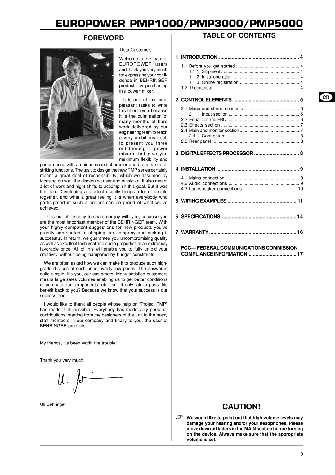 Behringer PMP3000, PMP5000 user manual Foreword, Table of Contents 