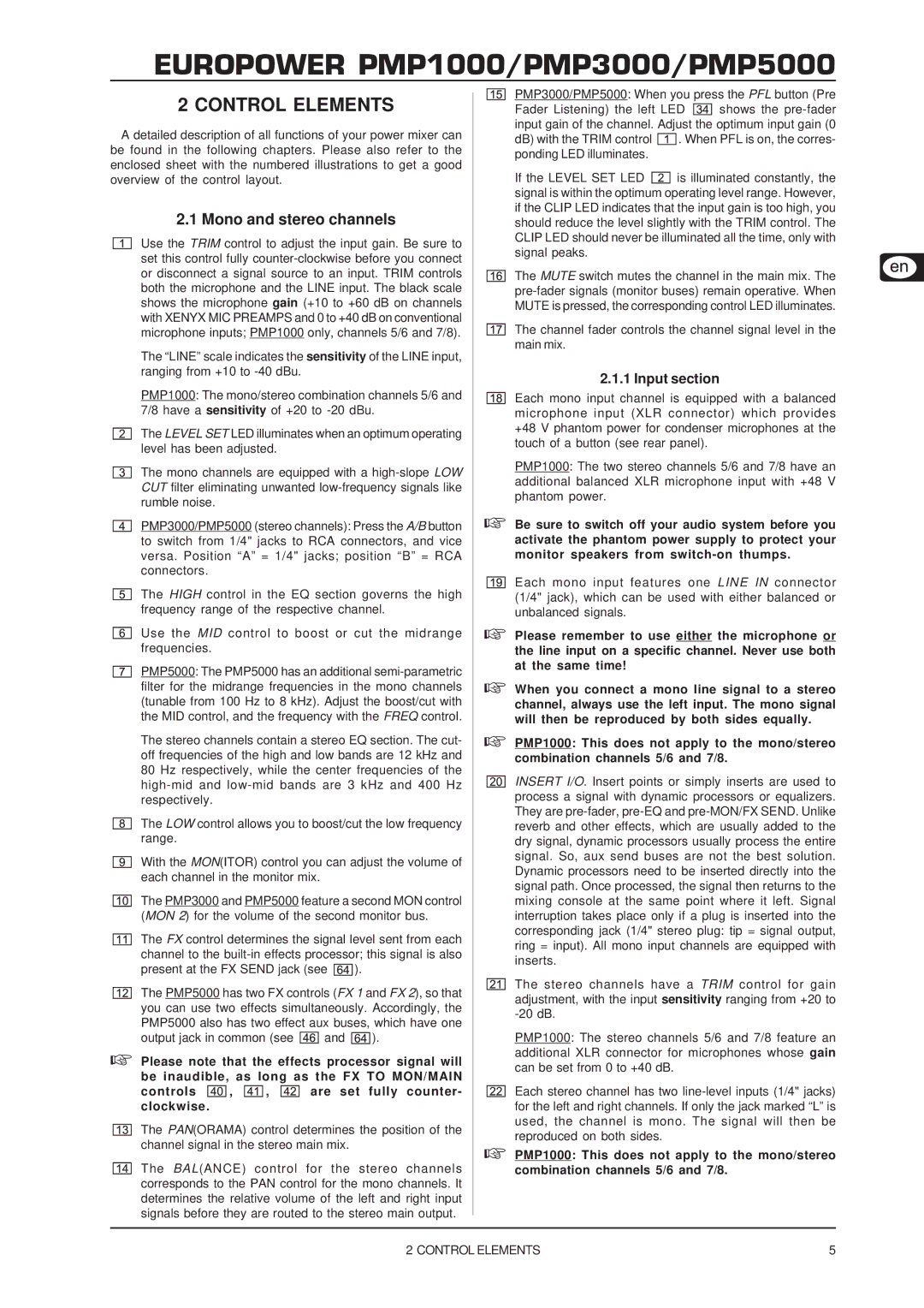 Behringer PMP3000, PMP5000 user manual Control Elements, Mono and stereo channels 