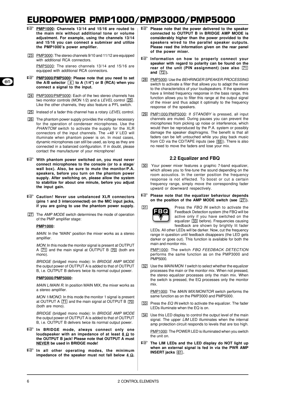 Behringer PMP5000, PMP3000 user manual Equalizer and FBQ, PMP1000 